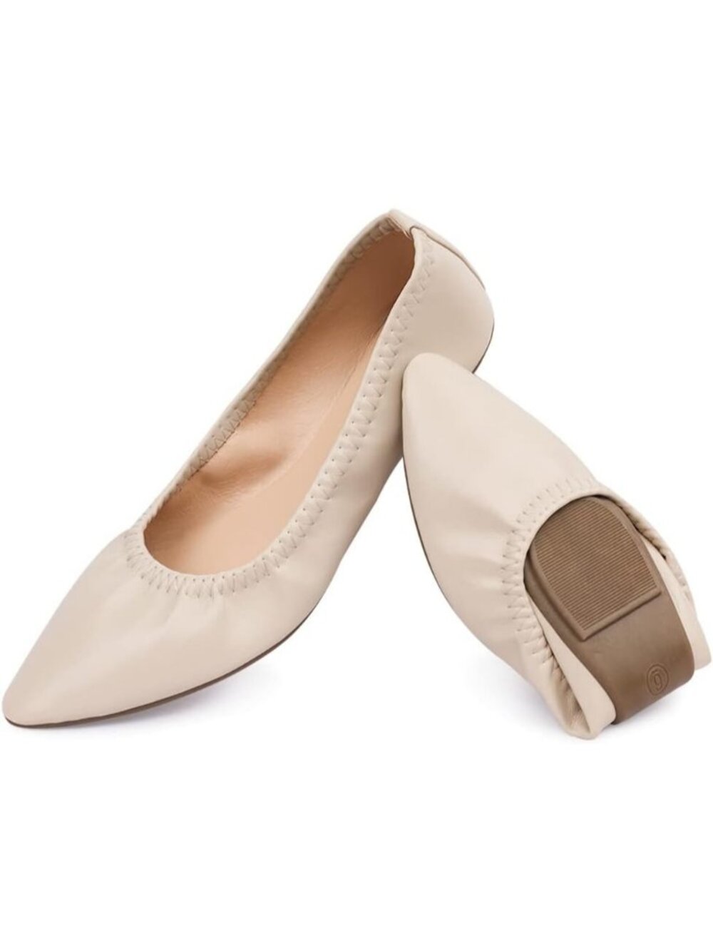 Women's Beige Faux Leather Foldable Ballet Flat Slip On Pointed Toe Travel Shoes